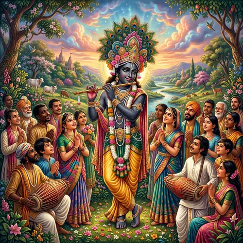 Traditional Male Krishna Figure with Diverse Followers in Lush Landscape