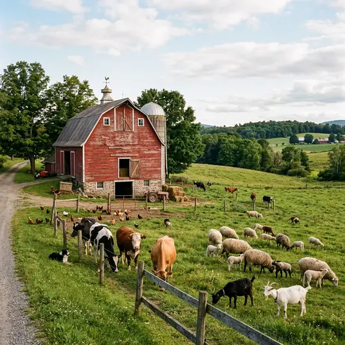 Rustic Red Barn in Scenic Field with Animals