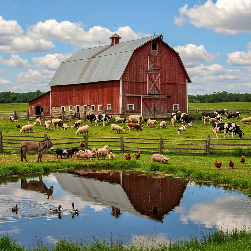 Rustic Red Barn in Scenic Field with Animals