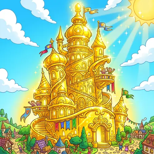 Cartoon Gold Tower: Fantasy Structure Shining in the Sunlight