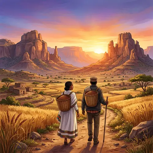 Tigray, Ethiopia Landscape at Sunrise with Local Farmers