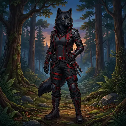 Black Female Wolf Character in Striking Black and Red Outfit