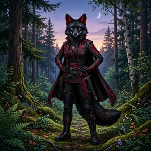 Female Black Fox Character in Striking Black and Red Outfit