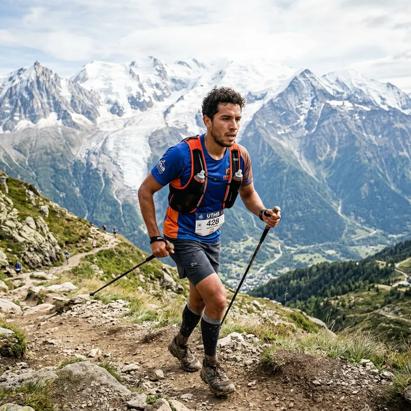 Hispanic Male Running Ultra Trail of Mont Blanc: Grit & Determination Hispanic Male Running Ultra Trail of Mont Blanc: Grit & Determination