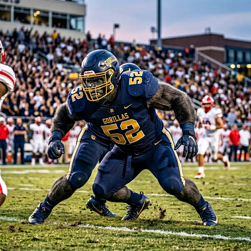 Gorilla in Navy Football Jersey Ready to Tackle