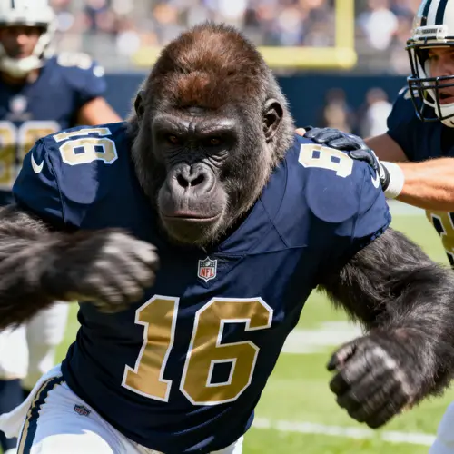 Gorilla in Navy Football Jersey Ready to Tackle