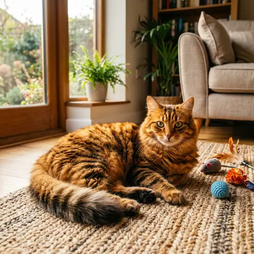 Fluffy Domestic Cat Lounging on Woven Rug | Tiny Tiger Appearance