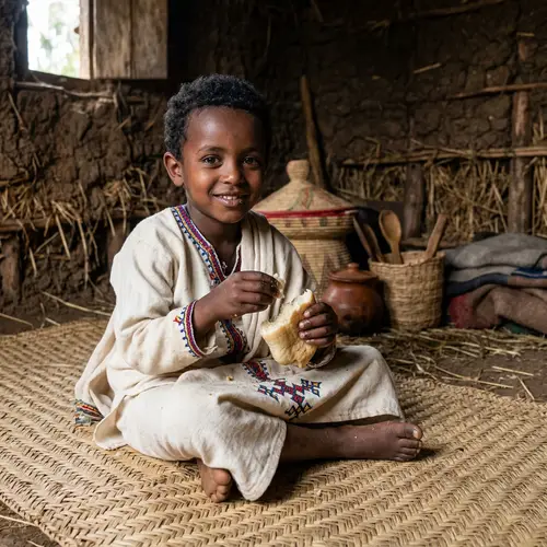 Ethiopian Boy Enjoying Traditional Bread in Rustic Setting