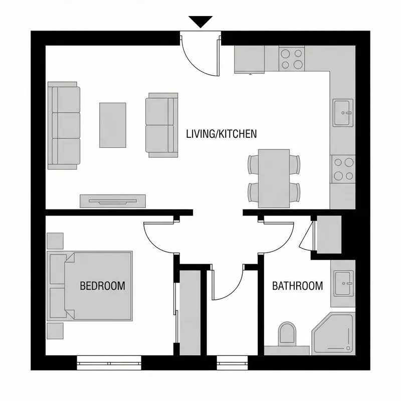 2D Square Layout with Three Rooms, Pencil Drawing