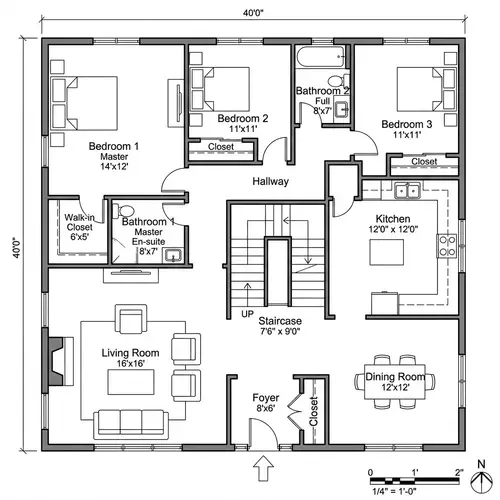 Efficient Square House Floor Plan with Three Bedrooms and Convenient Staircase