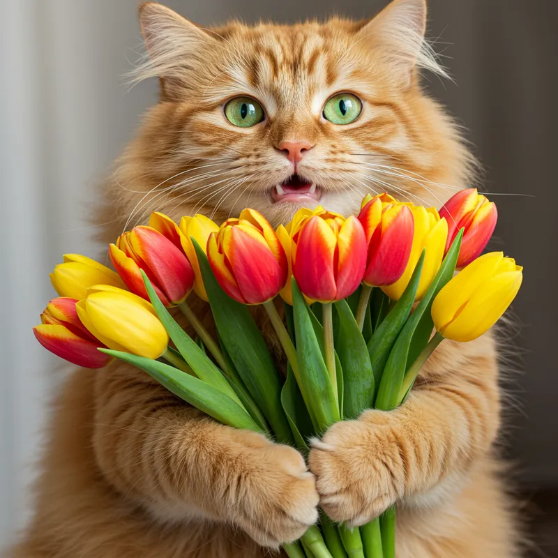 Adorable Cat with Tulips for March 8 Celebrations