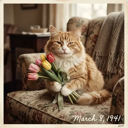 Adorable Cat with Tulips for March 8 Celebrations