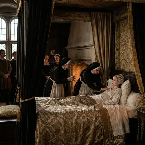 Ill Queen on Elaborate Bed | Regal Chamber Medical Scene