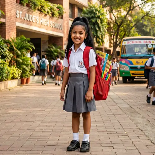 8-Year-Old Girl with Schoolbag Ready for School