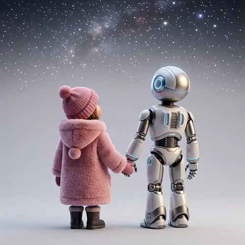 Charming Cartoon: Girl and Robot in Winter Wonder