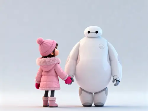 Charming Cartoon: Girl and Robot in Winter Wonder