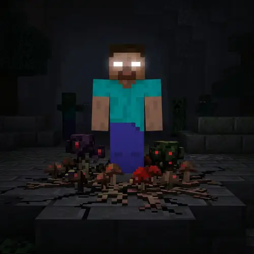 Terrifying Herobrine in Minecraft's Dark Scene