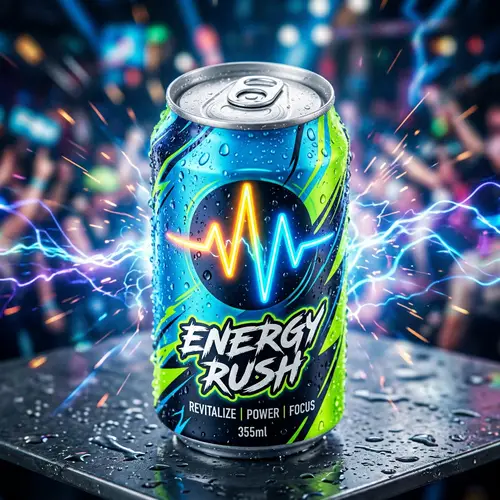 Energy Rush: Vibrant Energy Drink in Sleek Can