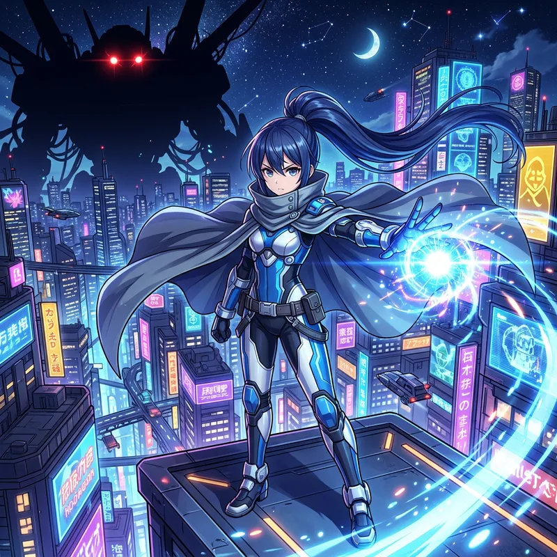 Anime Girl Casting Energy Spell in Futuristic Armor Anime Girl Casting Energy Spell in Futuristic Armor
