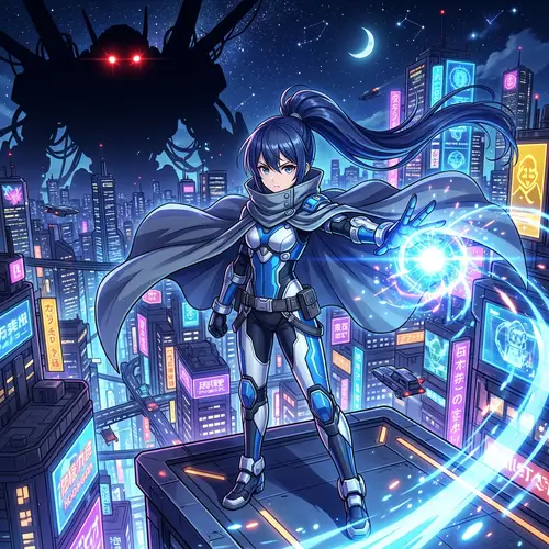 Anime-Inspired Digital Illustration: Young Girl Casting Energy Spell in Futuristic Armor