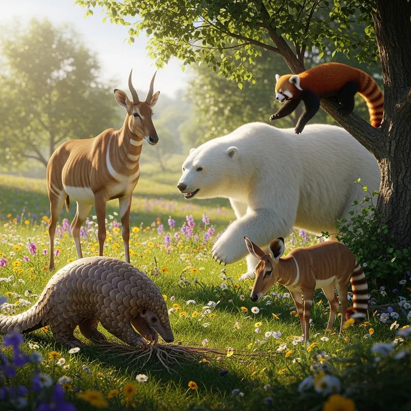 Pangolin, Quagga, Icebear & Red Panda Together