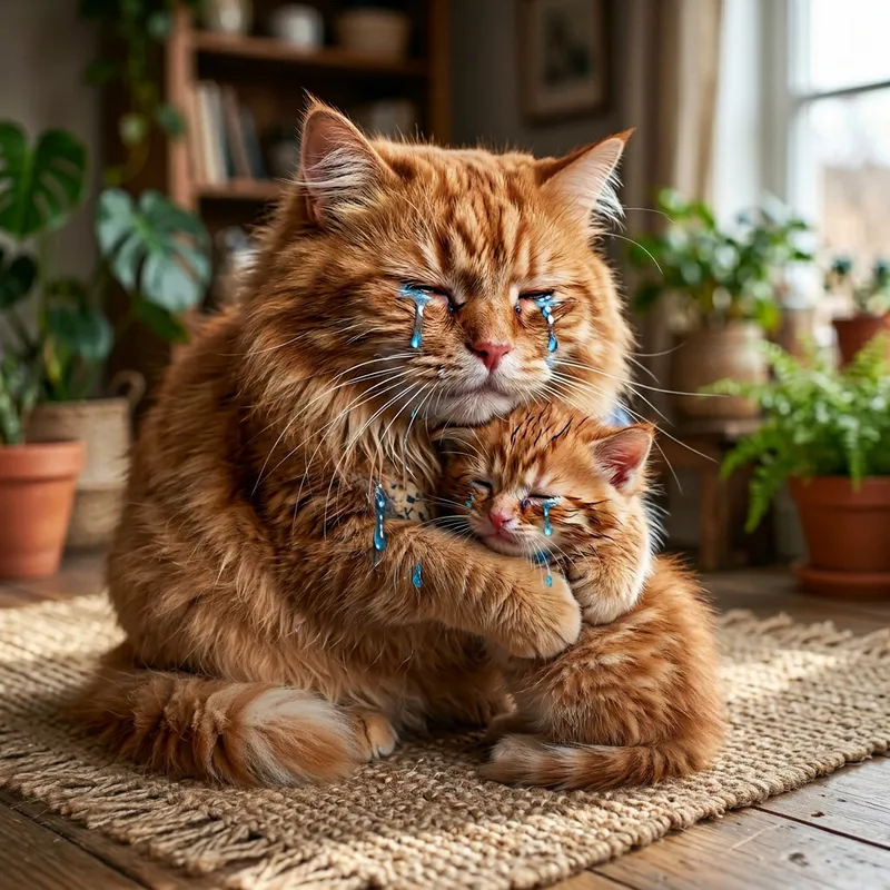 Grieving Red Cat in Realistic Photo Crying with Kitten