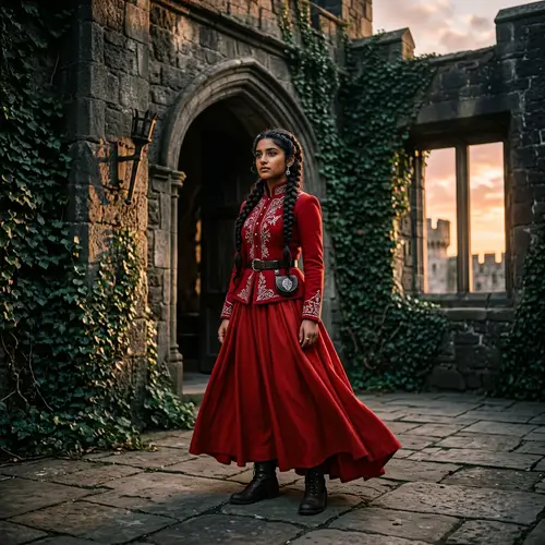 South Asian Brunette Girl in Red Uniform at Ancient Stone Castle