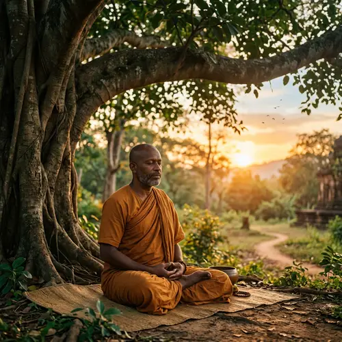 Tranquil Afro-Latin Monk Meditating Under Old Tree
