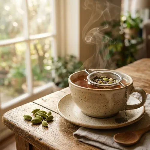 Aromatic Cardamom Tea Steeping on Rustic Wooden Table