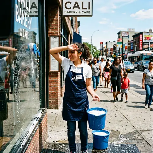Teenage Hispanic Girl Cleaning Frontshop | Street Scene