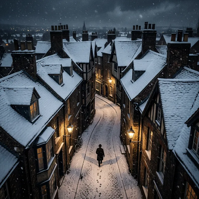 Winter Night Victorian Houses in Old Europe | Aerial View