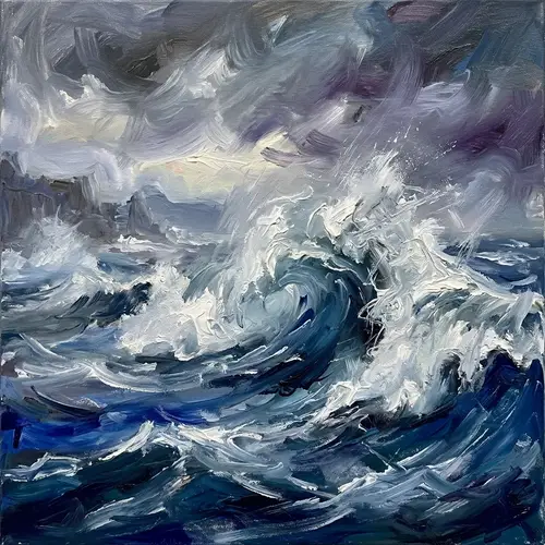 Crashing Waves in Impressionist Style Painting