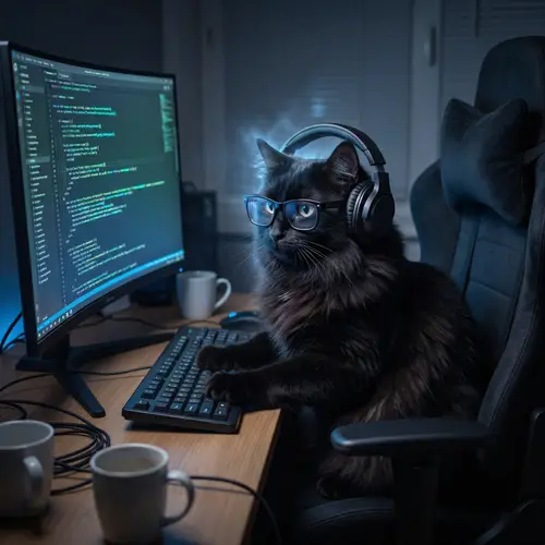 Black Furry Cat in Glasses & Headphones: Gaming Chair Programmer