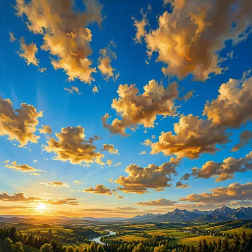 Blue Sky with Golden Clouds - Realistic 4k Oil Painting