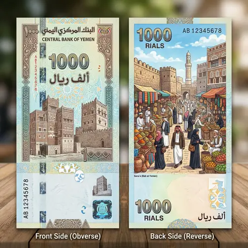 Yemen Banknotes: Front Architectural Design, Back Local Market Scene