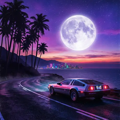 Vintage 1980s Car on Coastal Road at Dusk | Synthwave Style