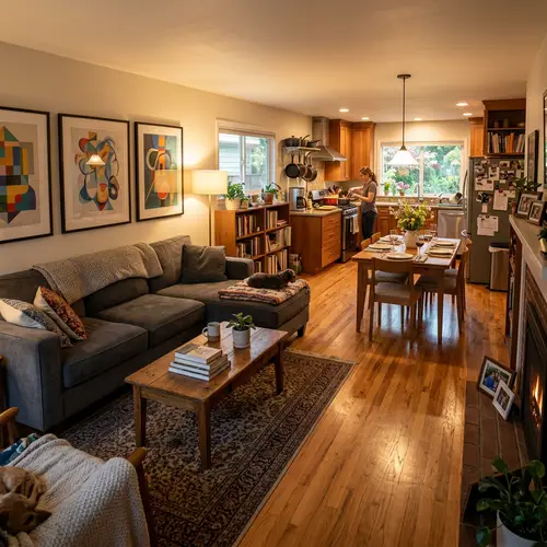 Modern House Interior with Spacious Living Room & Cozy Kitchen