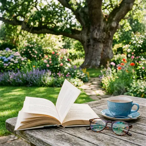 Mindfulness Scene: Open Book, Tranquil Garden & Herbal Tea