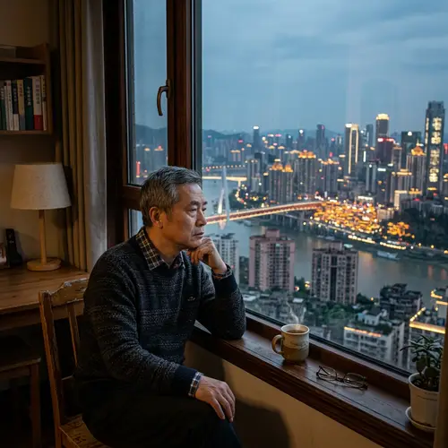 Chinese Man Reflecting on City View - Real Photo