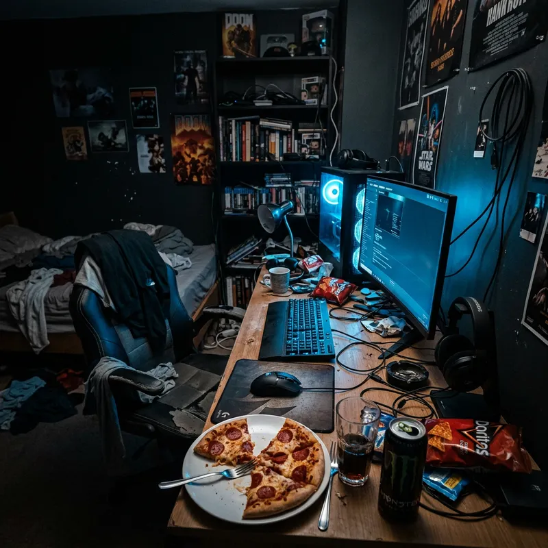 Messy Room with Pizza and Blue Lighting Messy Room with Pizza and Blue Lighting