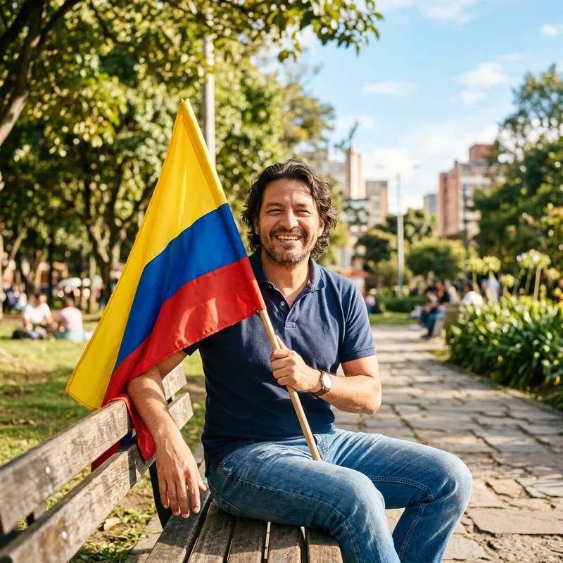 Colombian Man Sitting in Sunlight with Flag of Colombia