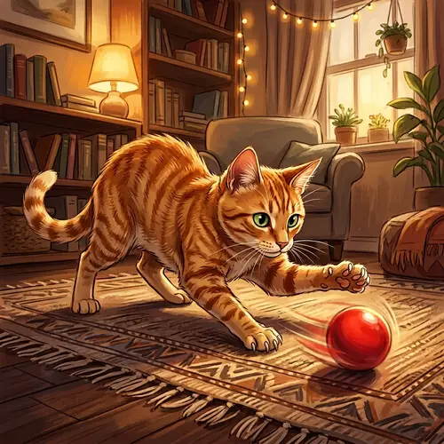 Playful Female Orange Striped Cat with Red Ball