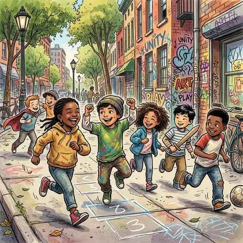 Diverse Kids Playing in Urban Street Scene | Joyful Illustration