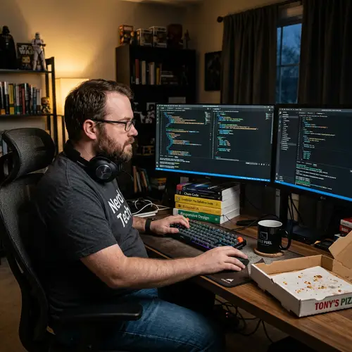 Graphic Designer Coding in Home Office with Dual Monitors