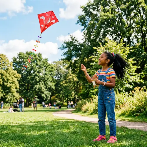 Smiling Young Girl with Red Kite in Colorful Attire | Sunny Park Scene