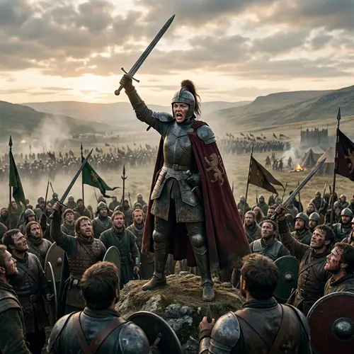 Dynamic Warrior Scene: Valiant Leader Inspiring Troops