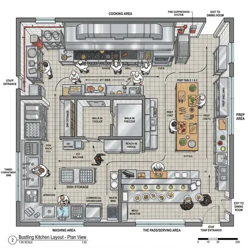 Restaurant Kitchen Plan: Cooking, Prep, Washing & Serving Areas