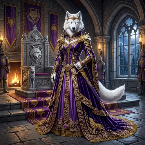 Female White Wolf Character in Purple and Gold Dress