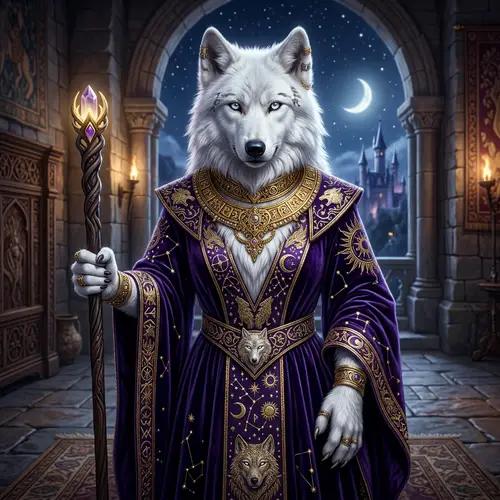 Female White Wolf Character with Silver Eyes in Purple and Gold Outfit