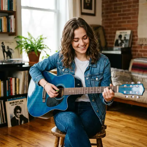Miranda Cosgrove in Blue Jeans Jacket with Guitar